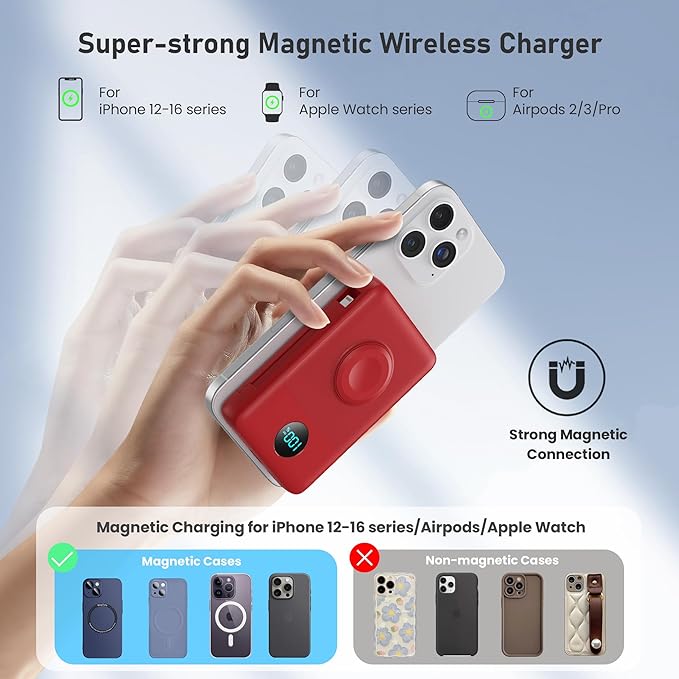 Magnetic Portable Charger for iPhone with Built-in Cables, 6-in-1 10800mAh Power Bank with iWatch Charger & LCD Display,25W Fast Charging Battery Pack for iPhone 17/16/15/14/13/12,Apple Watch (Red)