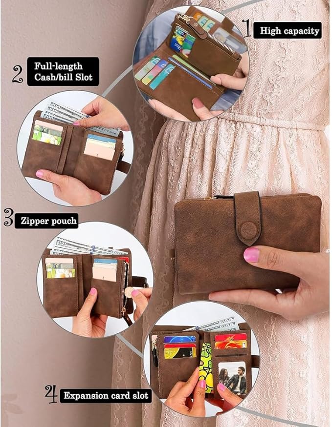 Women's Leather Wristlet Wallet, Bifold RFID Purse with ID Window, Zipper Coin Pocket for Daily Essentials (Brown)