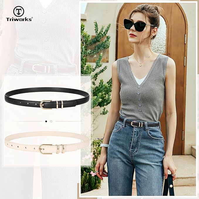 2 Pack Women Skinny Leather Belts for Jeans Pants Thin Faux Leather Belt with Gold Buckle