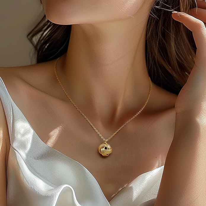 Gold Pendant Necklace 14K Gold Necklaces for Women Love Knot Necklace Artistic Knot Design with Stamped Textures Interlocking Circle Pendant Necklaces for Women Trendy