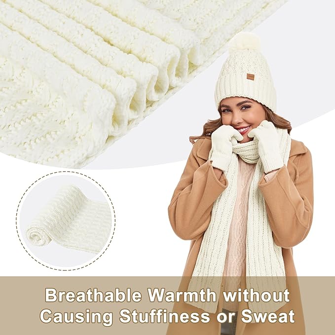 Womens Winter Warm Beanie Hat Long Neck Scarf and Touchscreen Gloves Set with Fleece Lined Pom Skull Caps for Women