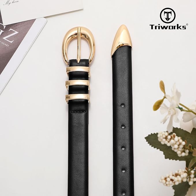 TRIWORKS Women Leather Belt for Jeans Pants Fashion Ladies Skinny Faux Leather Dress belt with Gold Buckle