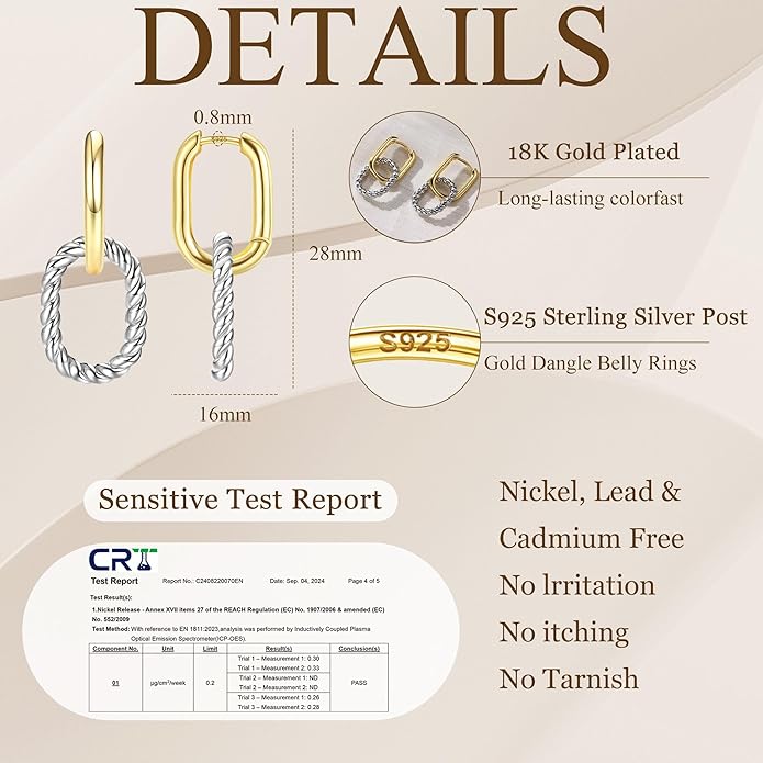 18K Gold Plated Two Tone Gold Silver Hoop Earrings for Women Hypoallergenic - 925 Sterling Silver Drop Dangle Paperclip Huggie Hoop Earrings - Chain Link Dangle Earrings Jewelry
