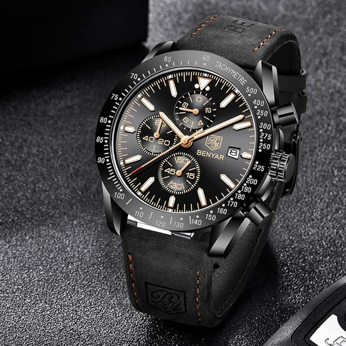 BY BENYAR Watch for Men Analog Quartz Chronograph Waterproof Luminous Designer Mens Wrist Watches Business Work Sport Casual Dress Watch with Silicone Strap Elegant Gifts for Men