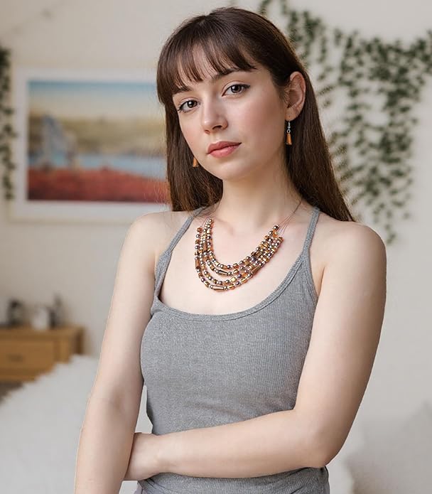 Layered Beaded Statement Necklace Multi Strand Crystal Beads Collar Necklace and Earring Sets for Women Fashion Costume Jewelry Set Gifts for Her