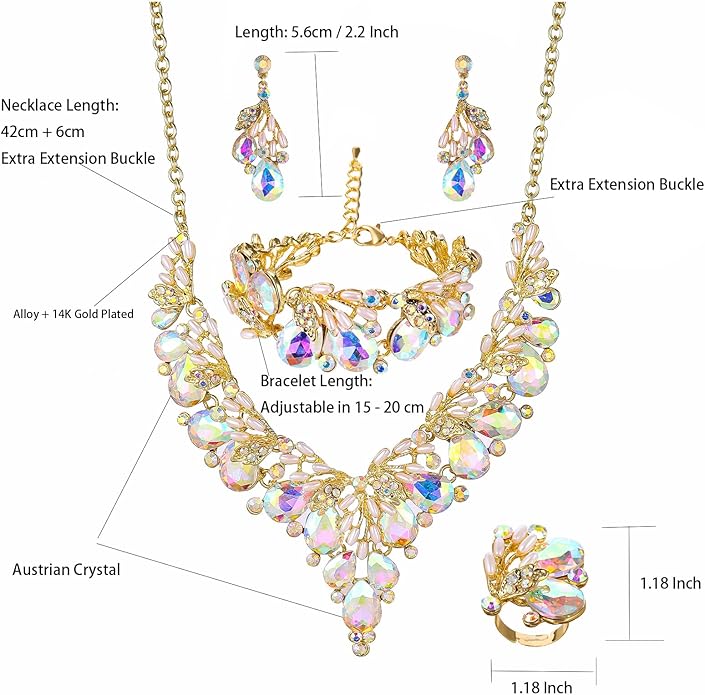 Jewelry Set for Women, Statement Necklace Dangle Earrings Bracelet Ring, White/KC Gold Plated Jewelry Set with Rhinestone Pearl Crystal Wedding Party Jewelry for Bridal Bridesmaid