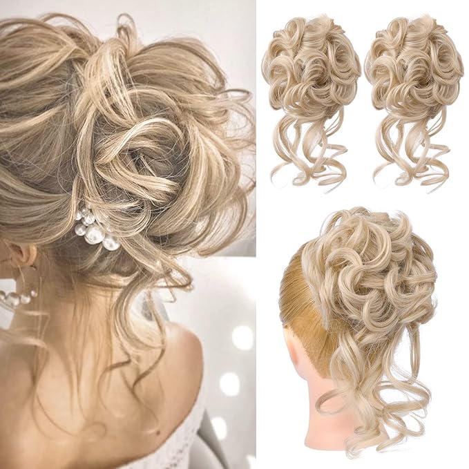 HOOJIH 2PCS Messy Bun Hair Piece, Tousled Updo with Tendrils Hair Bun Extensions Wavy Curly Hair Wrap Ponytail Hairpieces Hair Scrunchies for Women HB010 Dasiy - Light Golden Blonde