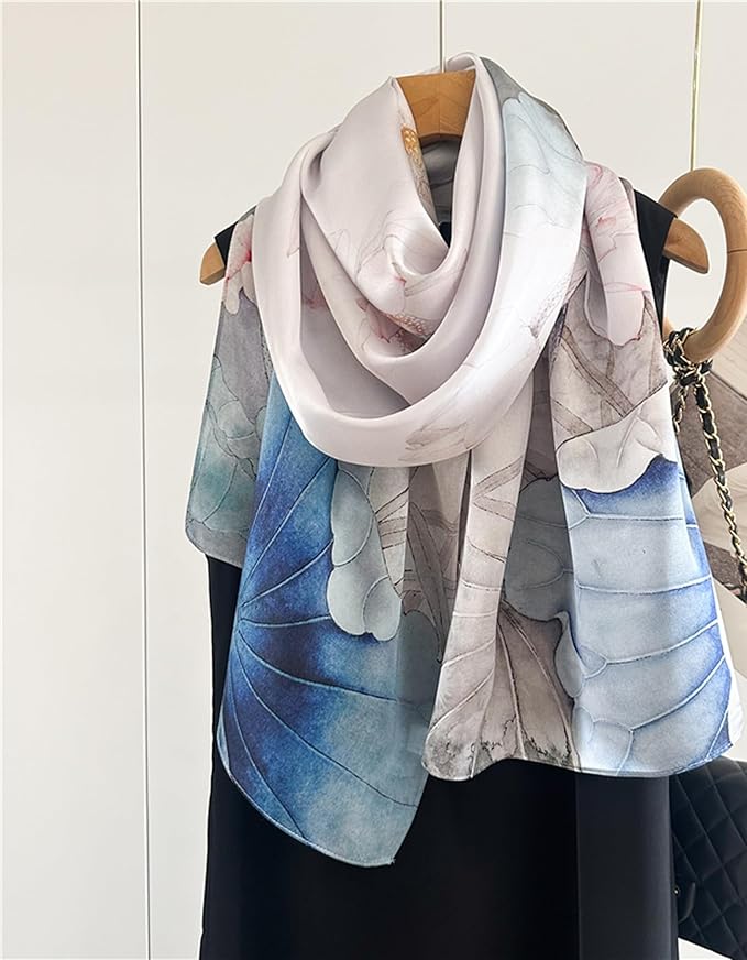 100% Mulberry Silk Scarfs for Women Floral Print Satin Long Scarf for Headscarf Hair Wraps Shawl with Gift Packed