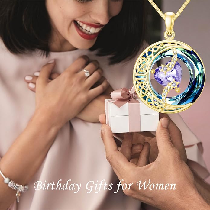 TOUPOP Birthstone Necklace 925 Sterling Silver Moon and Star Pendant with Blue Crystal Celtic Moon Jewelry Birthday Valentines Day Gifts for Women Mom Wife Her