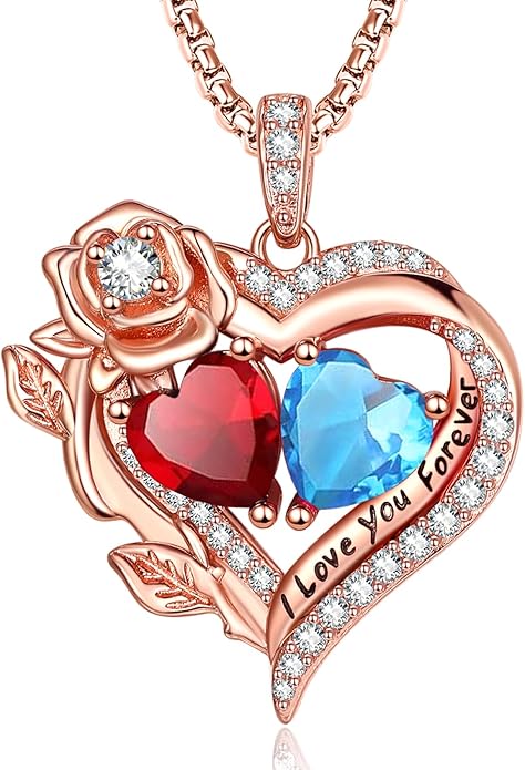 Rose Heart Necklaces for Women, Rose Gold Forever Love Jewelry with 2 Birthstones Pendant, Christmas Anniversarry Birthday Gifts for Her Wife Mom Grandma, 18+2 Inch Chain