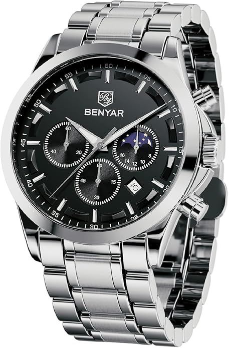 BY BENYAR Mens Watches Analog Quartz Chronograph Waterproof Wrist Watches for Men Fashion Business Work Casual Sport Designer Dress Watch with Calendar Elegant Gifts for Men