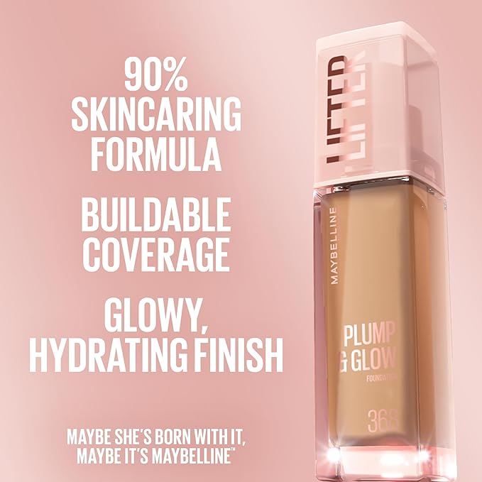Maybelline Lifter Plump & Glow Foundation, Liquid Foundation with 2% Niacinamide + Hyaluronic Acid, Plumping and Brightening Face Makeup, 210, 1 Count
