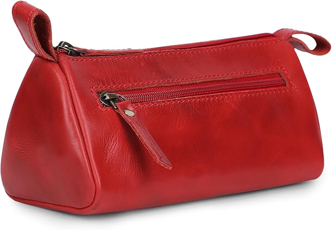 Red Leather Cosmetic Bags For Women - Leather Makeup Bag for Purse, Small Cosmetic Pouch for Travel, Handmade Make Up Case for Purses, Cute Make up Essential Small Makeup Pouch for Daily Use