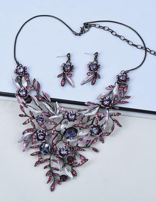 Vintage Women Beautiful Crystal Flower Enamel Blossom Flower Collar Bib Statement Necklace and Earrings Set for Women Wedding Bridal Prom