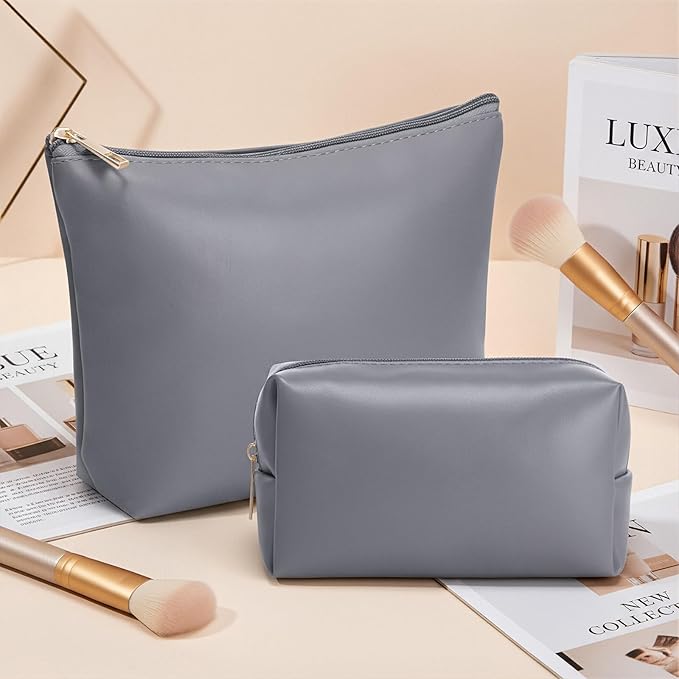 Kigeli 2 Pcs PU Leather Makeup Bag Set for Women Aesthetic Cosmetic Bag Small Toiletry Travel Pouch for Purse Emergency Skincare Organizer Valentine Gifts for Bridesmaid Birthday(Gray)