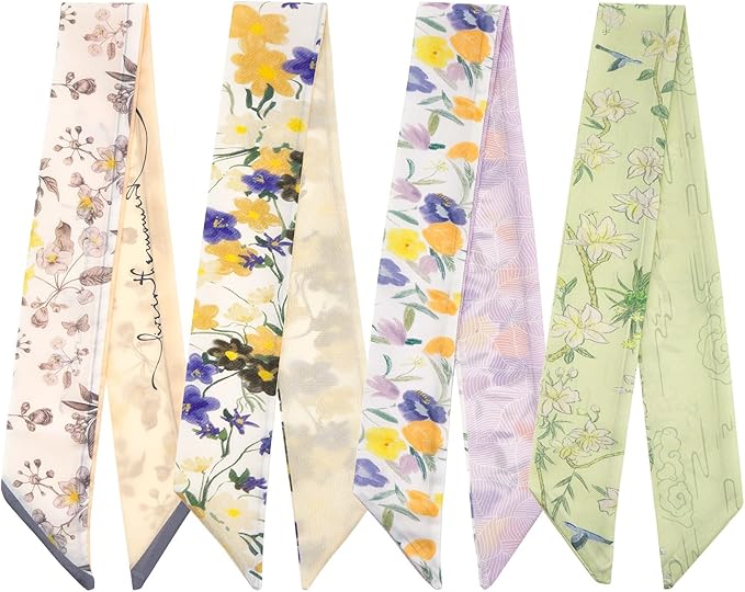4 Pack Purse Scarf Handbags Skinny Twill Hair Scarves Narrow Neck Scarf Band Women Fashion Accessories Bag Charms