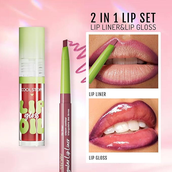 Lip Liner Honey Nude Lip Oil Gloss Click Clear Shimmer, Long Wear Makeup Fat Oil Set With Natural Oils for Nourishment, Moisturizing Lip Lipstick Lip Liner Pencil Combo Set