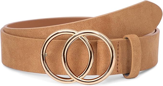 SUOSDEY Women Leather Belt Fashion Double O-Ring Soft Faux Leather Waist Belts For Jeans Dress