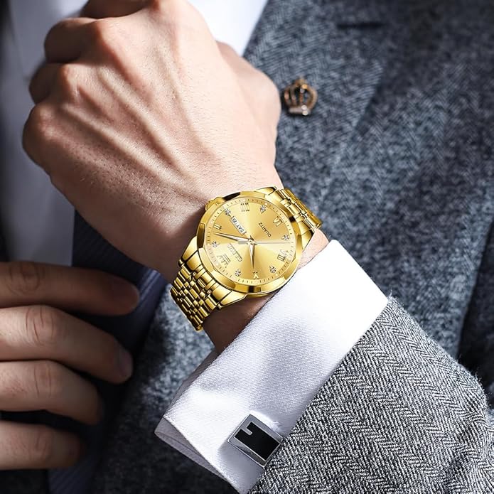 Men's Casual Stainless Steel Watch, Big Face Easy to Read Analog Quartz Watch with Day and Date, Classic Waterproof Diamond Roman Arabic Numerals Dial Dress Watch for Men, Gold Silver Black Band