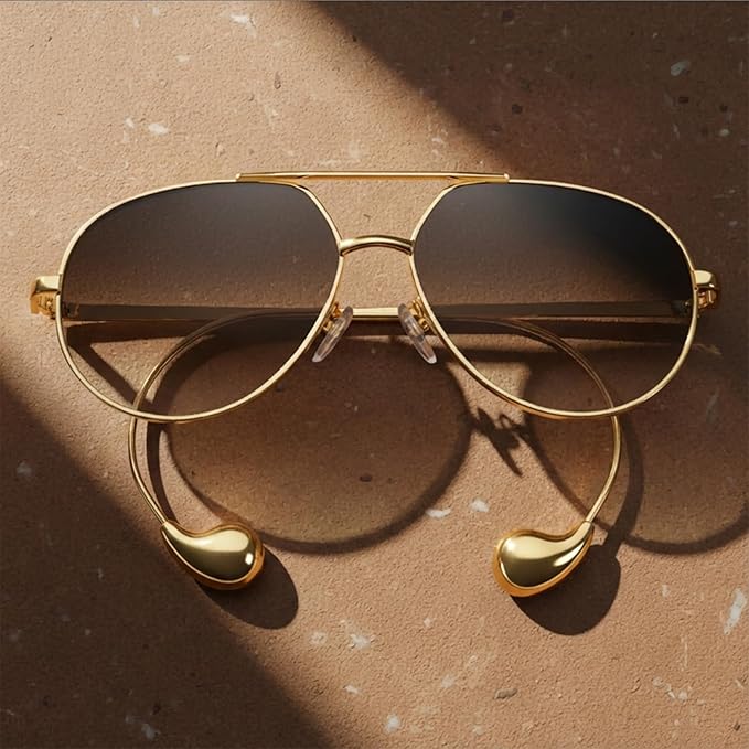 SODQW Trendy Aviator Sunglasses for Women with Earring Gold Metal Frame Fashion Sun Glasses
