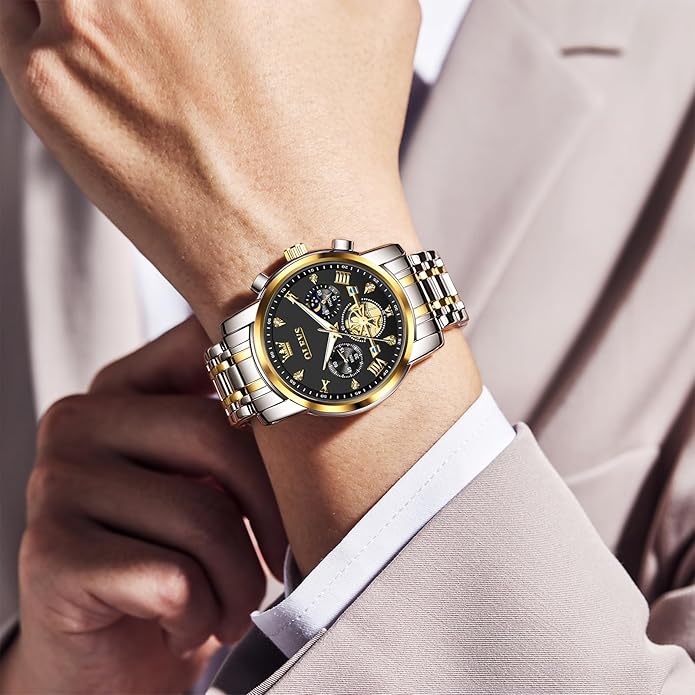 OLEVS Men Watches Stainless Steel Chronograph Watch, Large Wrist Analog Quartz Watch, Fashion Waterproof Diamond Roman Numerals Dress Watches for Men, Gold/Black/White/Blue/Grey Dial