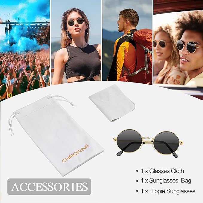 CHRORINE Hippie Sunglasses Round 70s Retro Glasses for Women Men Party Accessory Festival Fashion Vintage Sunglasses