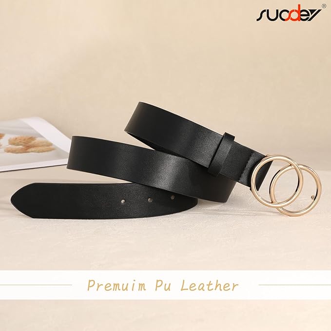 SUOSDEY Women Leather Belt Fashion Double O-Ring Soft Faux Leather Waist Belts For Jeans Dress