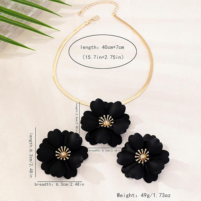 Vintage Flower Necklace Earring Set Gold Snake Chain Necklace Bohemian Red Flowers Choker Necklaces Hypoallergenic Statement Flower Stud Earrings Elegant Bridal Wedding Summer Beach Jewelry