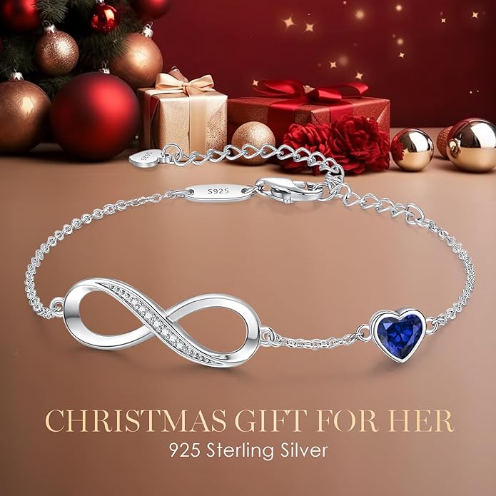 CDE Infinity Heart Birthstone Charm Link Bracelet for Women 925 Sterling Silver Adjustable Mother's Day Christmas Day Gift Anniversary Birthday Jewelry for Wife Girlfriend Her