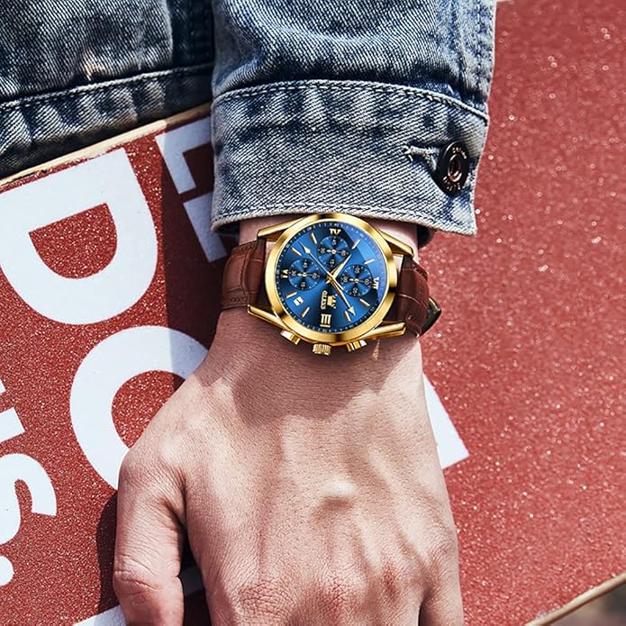 OLEVS Men's Casual Leather Watch, Big Face Chronograph Watch for Men, Fashion Easy to Read Dress Watch, Men's Waterproof Luminous Date Analog Watch, Gold/Black/White/Blue Dial