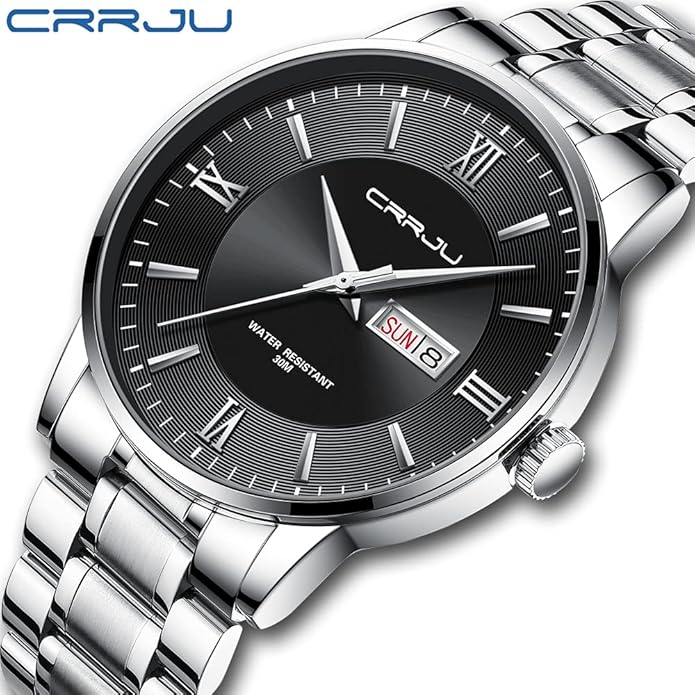 CRRJU Men's Fashion Luxury Stainless Steel Watches for Men Business Auto Date Chronograph Analog Quartz Wristwatches