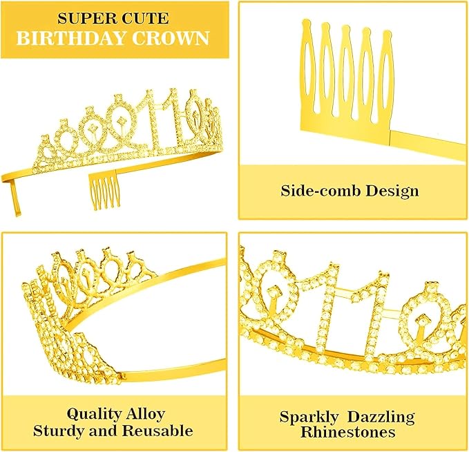 11th Birthday Decorations for Her Girls Set, Include 11th Birthday Crown and 11 Sash, 11th Birthday Cake Topper and 11 Birthday Candles, Gold 11 Balloons, Women 11th Party Supplies(Gold)