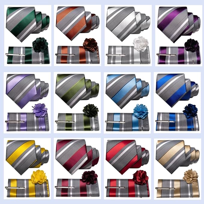 JEMYGINS Mens Striped Tie and Lapel Pin Necktie Pocket Square and Tie Clip Sets for Business Casual 4PCS