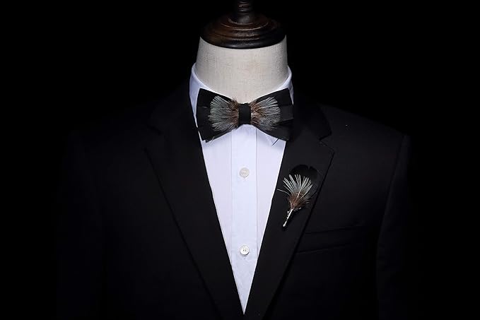 RBOCOTT Handmade Feather Pre-tied Bow tie and Brooch Sets for Men