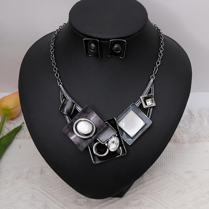 CSY Fashion Boho Oval Crystal Opals Statement Bib Necklace Earrings Bohemian Enamel Costume Jewelry Set Gifts for Women