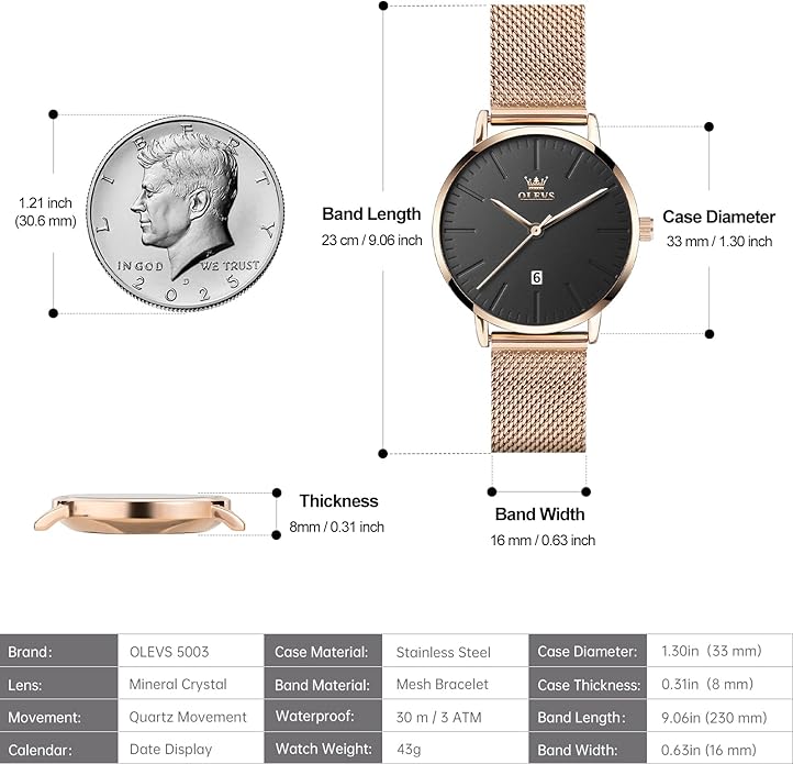 OLEVS Women's Small Wrist Rose Gold Tone Watch - Cute Diamond Heart Arabic Numerals Dial, Fashion Waterproof Mesh Bracelet Analog Dress for Ladies