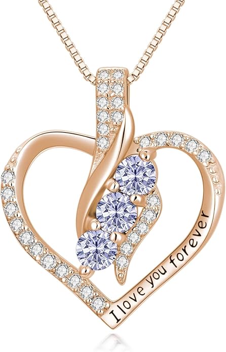Rose Heart Birthstone Necklace for Women - Solid S925 Sterling Silver with Rose Gold Plated Infinity Symbol of Love Valentine's, Mother's Day, Anniversary, Christmas Birthday Gift for Her, Mom, Wife, or Girlfriend.