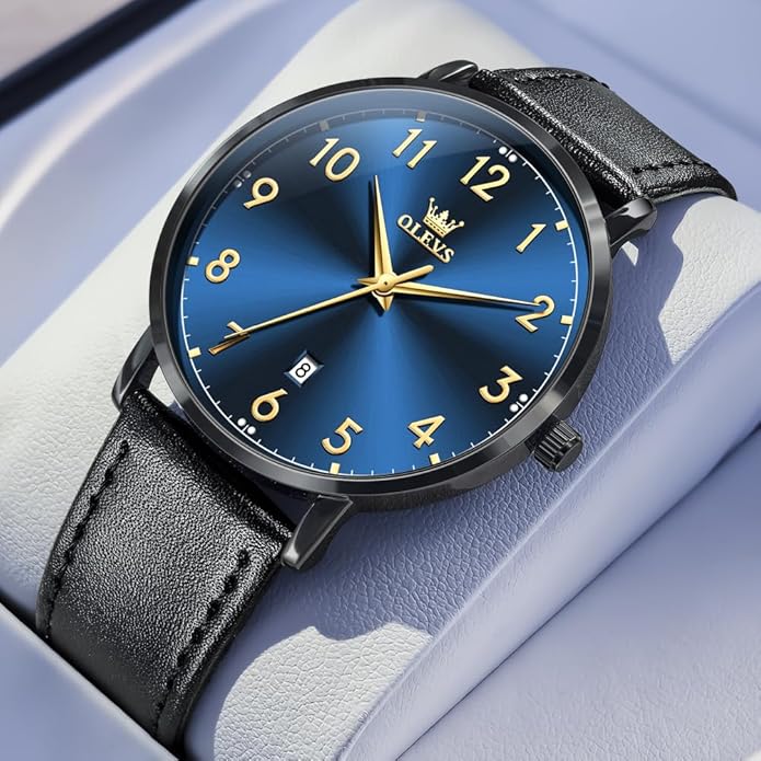 OLEVS Mens Watches, Casual Leather Watches for Men Easy to Read Quartz Number Watch with Date Waterproof Blue/Black/Silver Face Men's Wrist Watches…