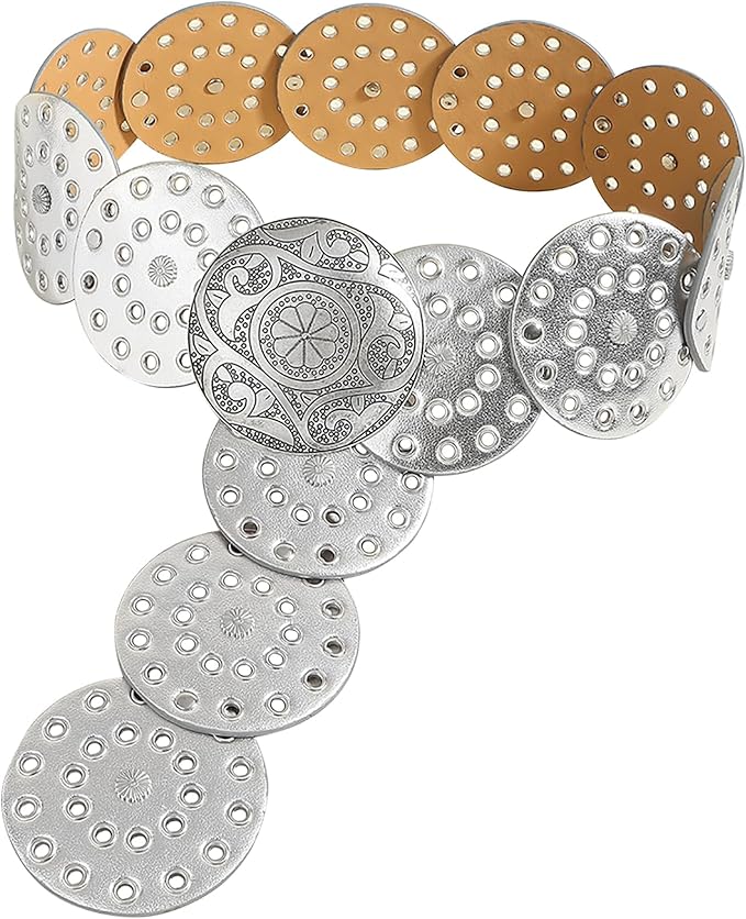 Hollow Wide Disc Belt for Women Concho Leather Metal Buckle Boho Belt Cowgirl Vintage Western Chunky Waist Belts