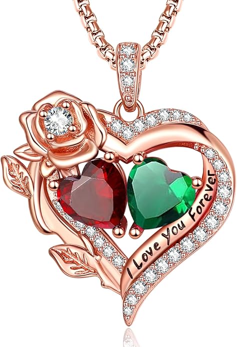 Rose Heart Necklaces for Women, Rose Gold Forever Love Jewelry with 2 Birthstones Pendant, Christmas Anniversarry Birthday Gifts for Her Wife Mom Grandma, 18+2 Inch Chain