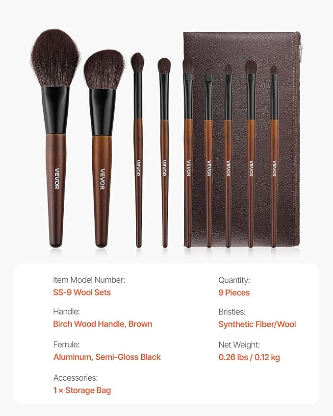VEVOR 9-Piece Makeup Brush Set for Foundation Blending Eyeshadow, Professional Makeup Brush Kit with Soft Natural Wool & Vegan Synthetic Bristles, Ergonomic Wood Handle, Travel-Friendly Storage Bag