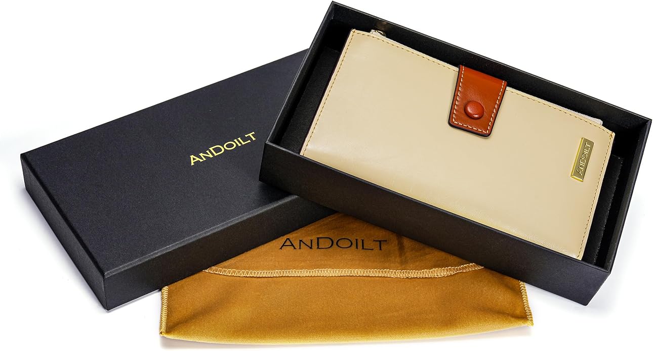 ANDOILT Wallet Women RFID Blocking Genuine Leather Bifold Multi Card Organizer Wristlet Purse Cell Phone Handbag