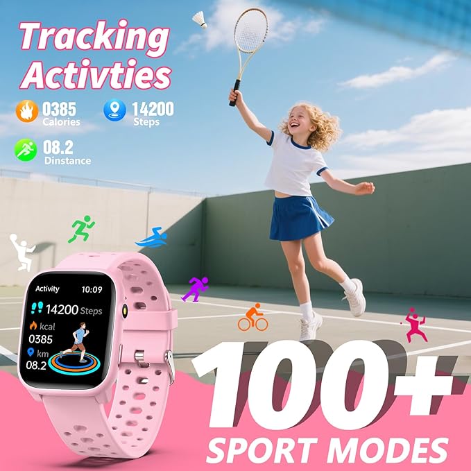 Kids Smart Watches Girls Gift Age 6-12 with 12 Puzzle Games, Heart Rate, Sleep Monitor, Pedometer, Flashlight, 1.83" Touchscreen IP68 Waterproof Kid Watch Brithday Gift for Girls