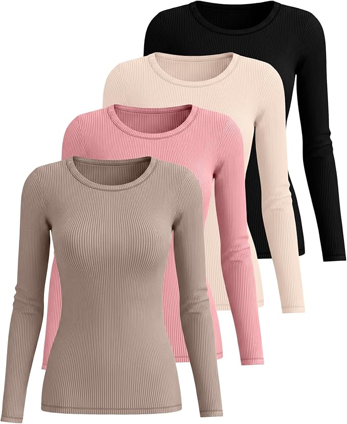 Neer 4 Pack Women's Ribbed Long Sleeve Shirts, Cotton Crew Neck Slim Fit Tops Stretch Knit Casual Base Layer Basic Tee Shirts