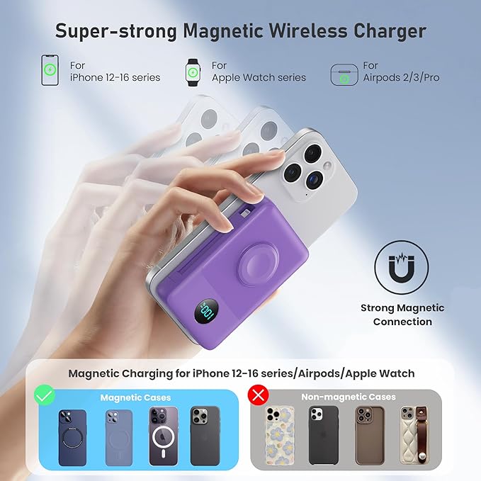 Magnetic Portable Charger for iPhone with Built-in Cables,6-in-1 10800mAh Power Bank with iWatch Charger & LCD Display,25W Fast Charging Battery Pack for iPhone 17/16/15/14/13/12,Apple Watch (Purple)