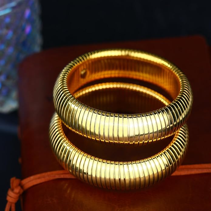 MISS RIGHT Gold Chunky Stretch Snake Chain Bangle Bracelets Stack for Women Trendy, 18K Gold Filled Stainless Steel Stretchy Womens Stackable Wristband Bangles Bracelet Set