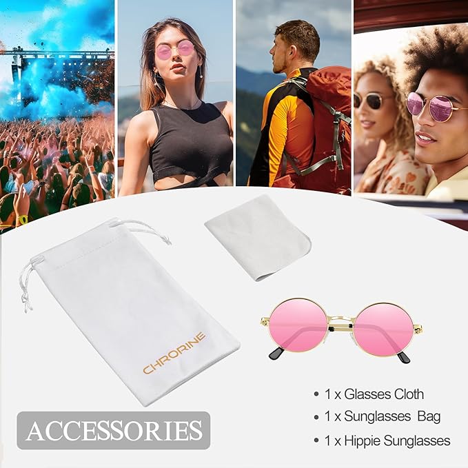 CHRORINE Hippie Sunglasses Round 70s Retro Glasses for Women Men Party Accessory Festival Fashion Vintage Sunglasses