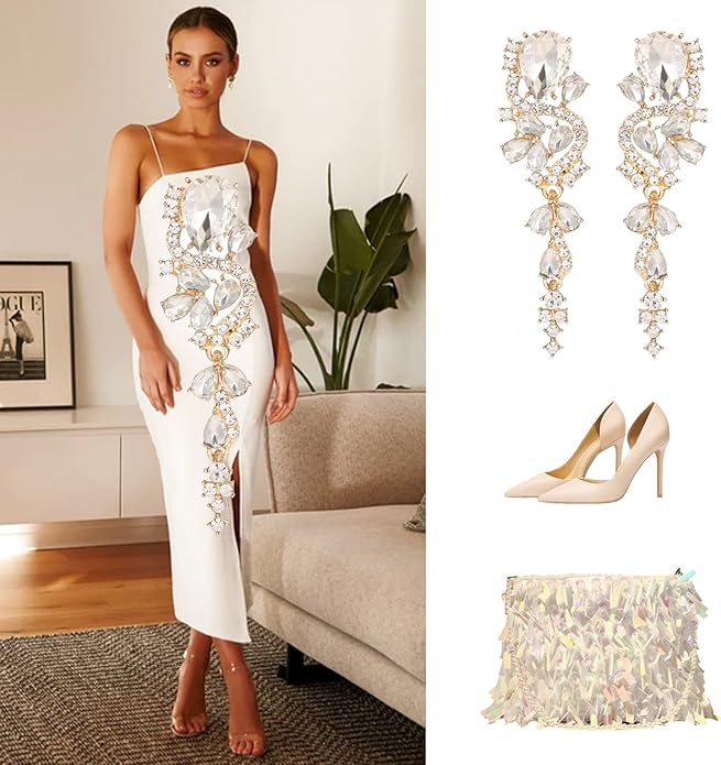 Fashion Rhinestone Statement Drop Dangle Earrings Long Colorful Crystal Bridal Wedding Teardrop Chandelier Earrings for Women Prom Pageant