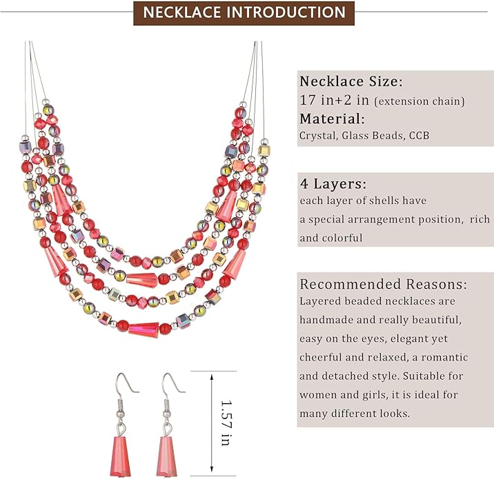 Layered Beaded Statement Necklace Multi Strand Crystal Beads Collar Necklace and Earring Sets for Women Fashion Costume Jewelry Set Gifts for Her