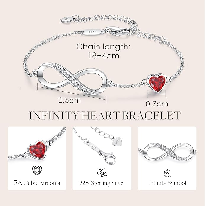 CDE Infinity Heart Birthstone Charm Link Bracelet for Women 925 Sterling Silver Adjustable Mother's Day Christmas Day Gift Anniversary Birthday Jewelry for Wife Girlfriend Her